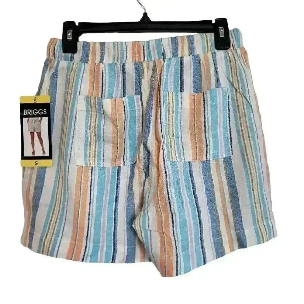 Briggs Women's White/Aqua/Orange Linen/Rayon Drawstring Cuffed Shorts w Pockets